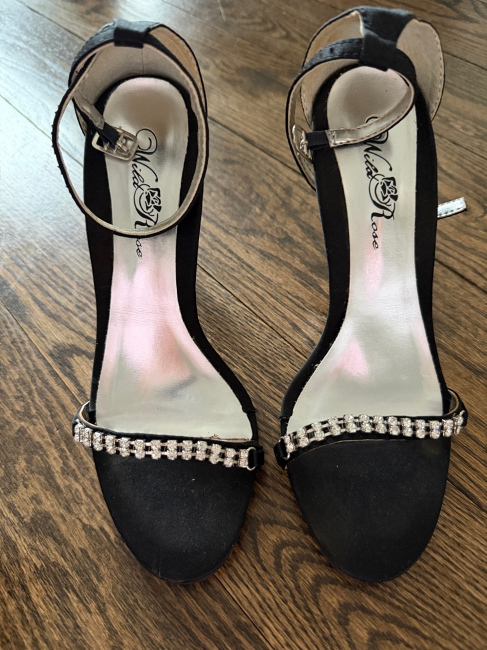 Black Ankle-Strap Evening Sandals with Rhinestone Accent